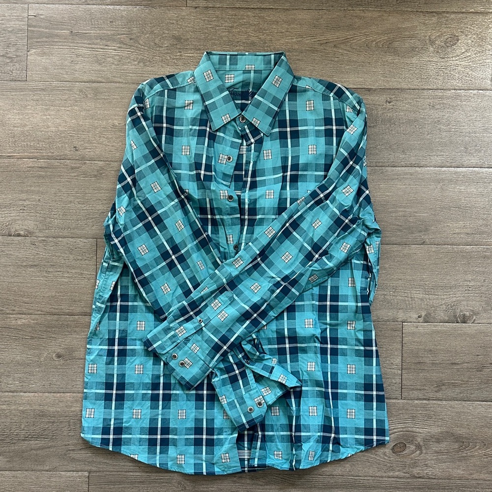 Tasso Elba Teal and Navy Checkered Shirt